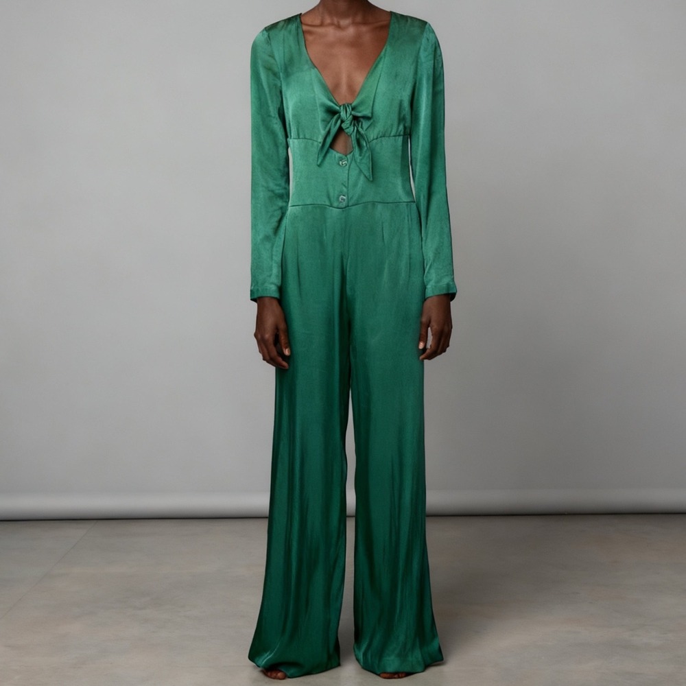 Staud Mel Wide Leg Satin Jumpsuit‎ Emerald Green size 8